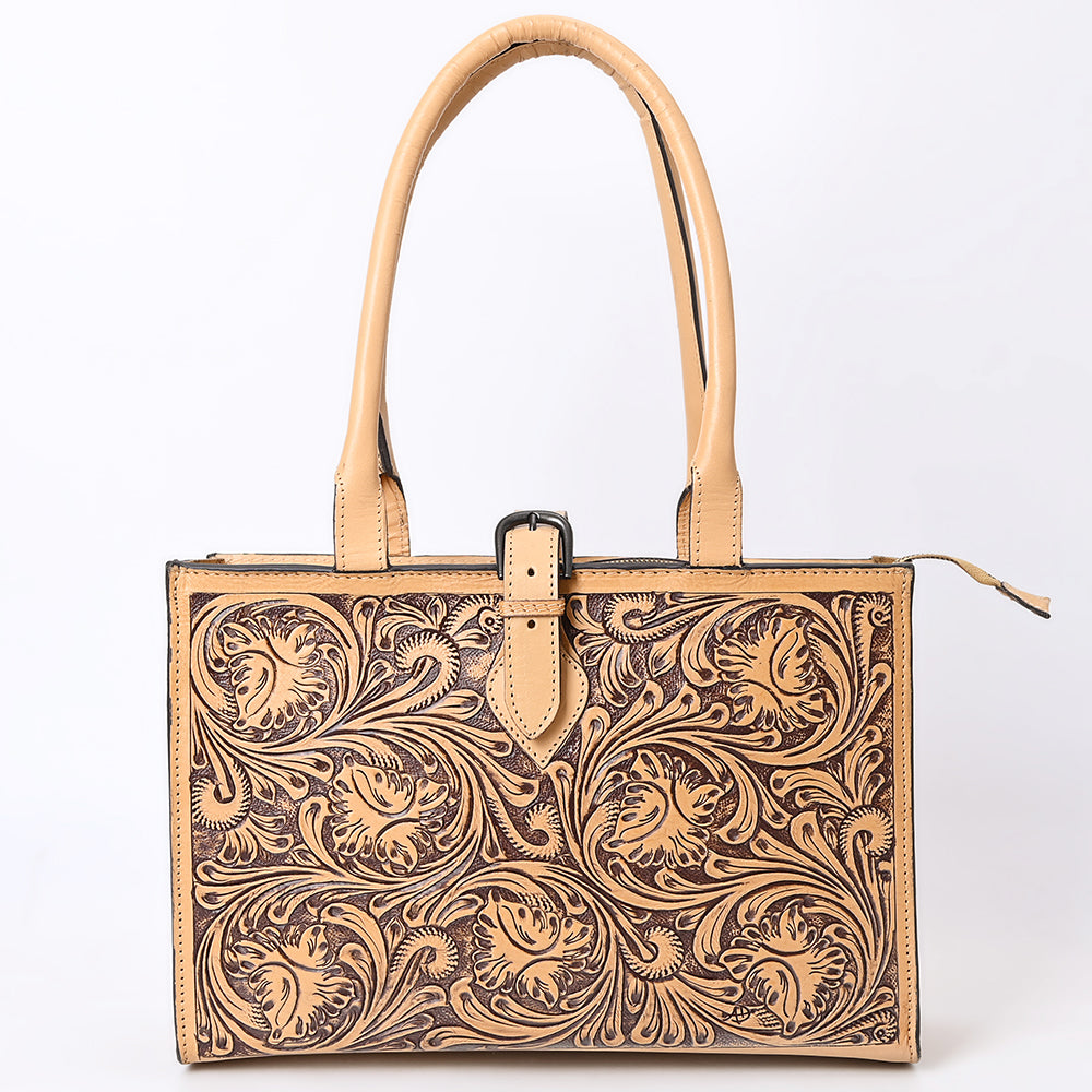 LC-ADBGZ828 Structured Hand-Tooled Leather Box Tote Western Floral Design with Buckle Accent