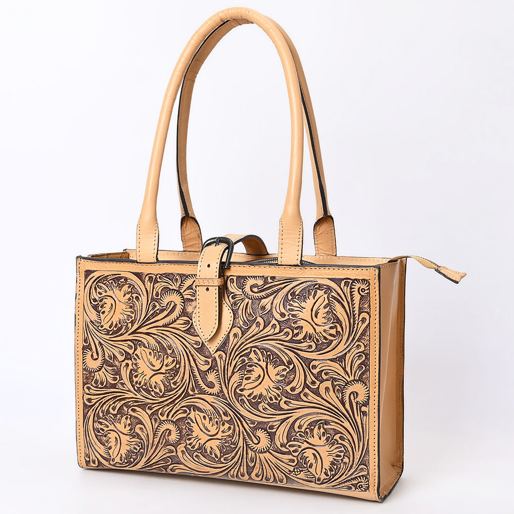 LC-ADBGZ828 Structured Hand-Tooled Leather Box Tote Western Floral Design with Buckle Accent