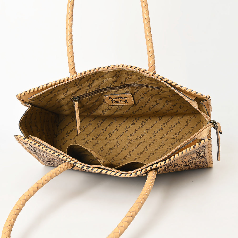 ADBGZ833 Hand-Tooled Leather Western Handbag - Floral Design with Braided Handles