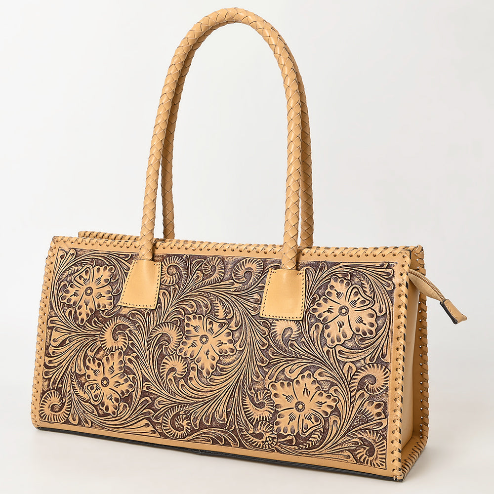 ADBGZ833 Hand-Tooled Leather Western Handbag - Floral Design with Braided Handles