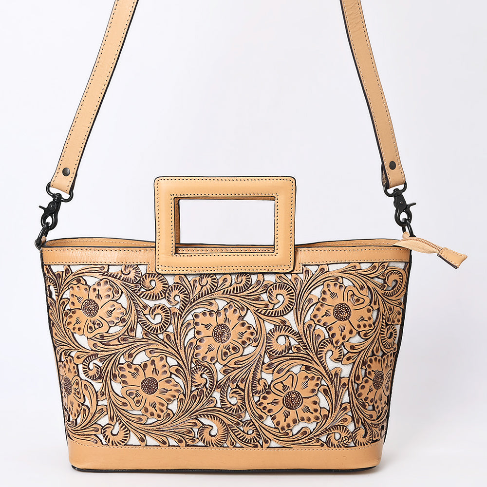 ADBGZ835 Hand-Tooled Leather Western Tote Handbag - Square Handle Design