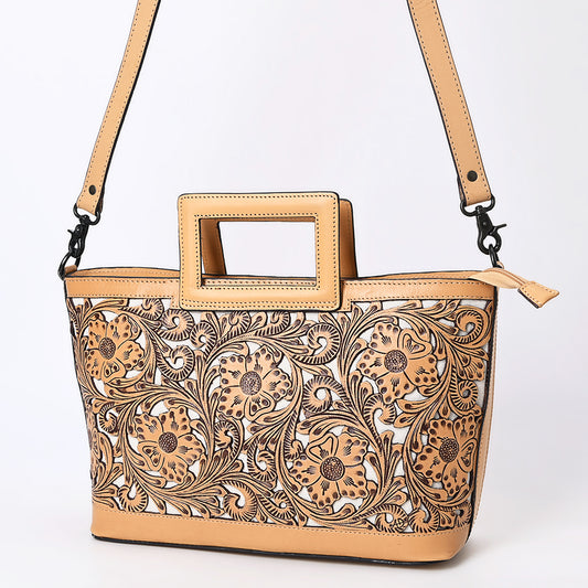 ADBGZ835 Hand-Tooled Leather Western Tote Handbag - Square Handle Design