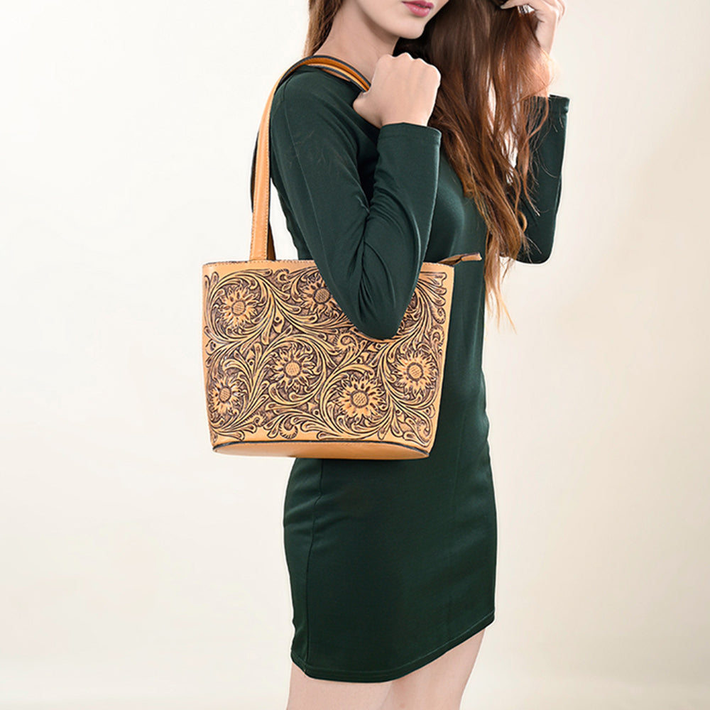 LC-ADBGZ836 Sunflower Tooled Leather Western Tote Bag Natural Tan