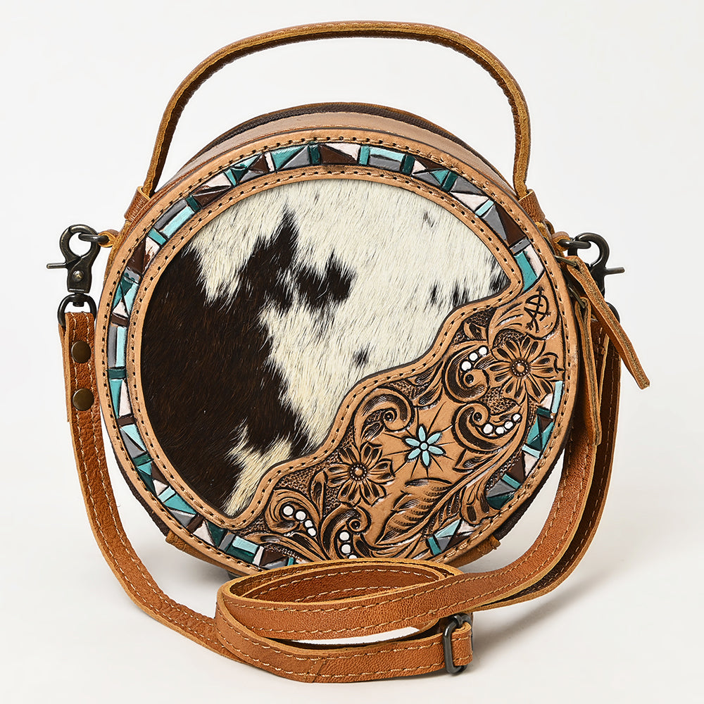 ADBG1458 American Darling Western Leather Cowhide Canteen Bag with Hand-Tooled Floral Detailing - Crossbody Purse