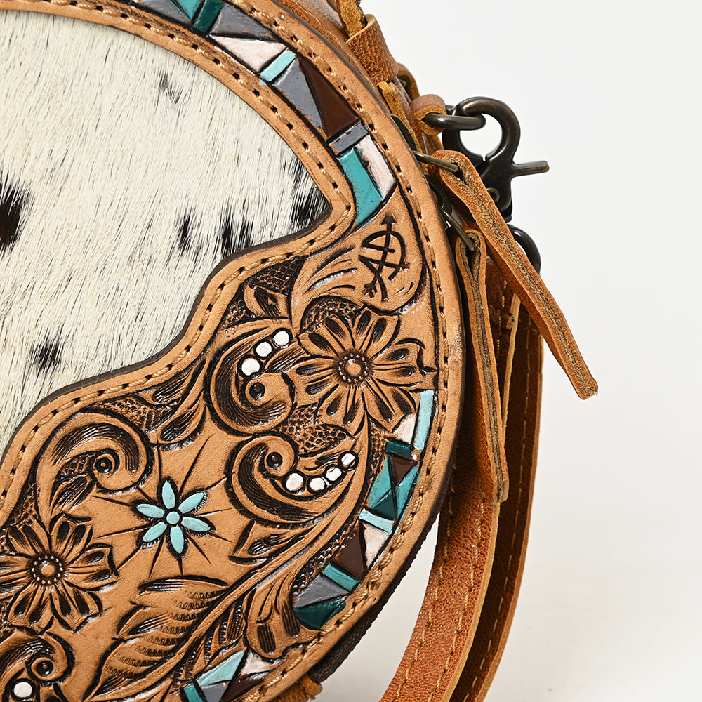 ADBG1458 American Darling Western Leather Cowhide Canteen Bag with Hand-Tooled Floral Detailing - Crossbody Purse