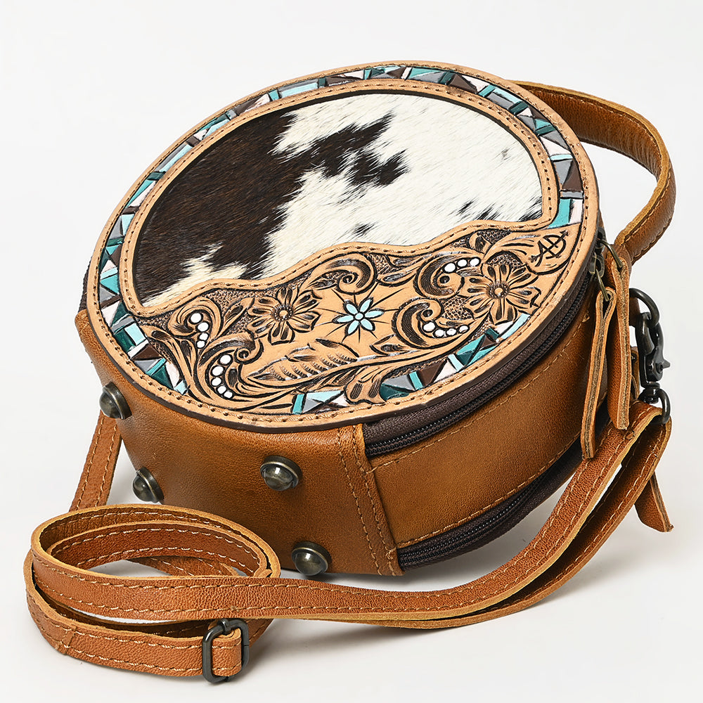 ADBG1458 American Darling Western Leather Cowhide Canteen Bag with Hand-Tooled Floral Detailing - Crossbody Purse