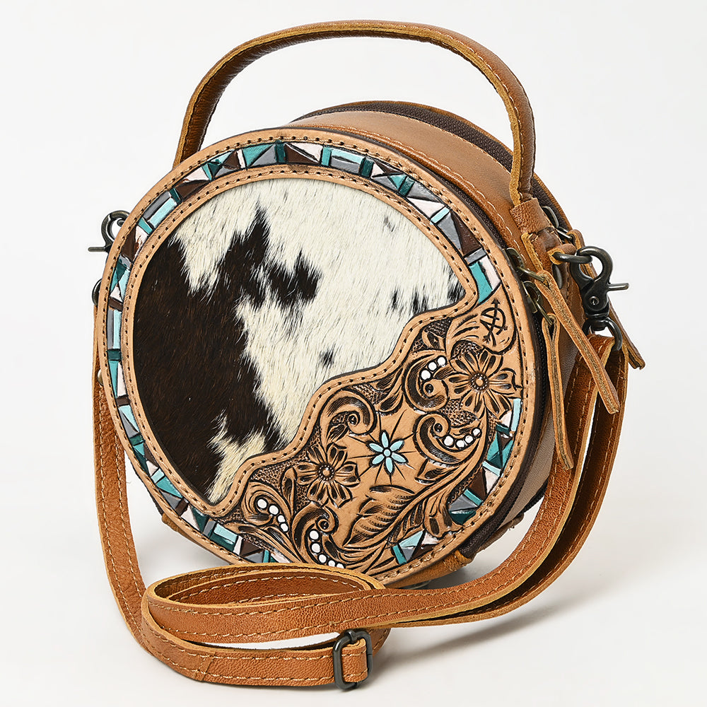 ADBG1458 American Darling Western Leather Cowhide Canteen Bag with Hand-Tooled Floral Detailing - Crossbody Purse