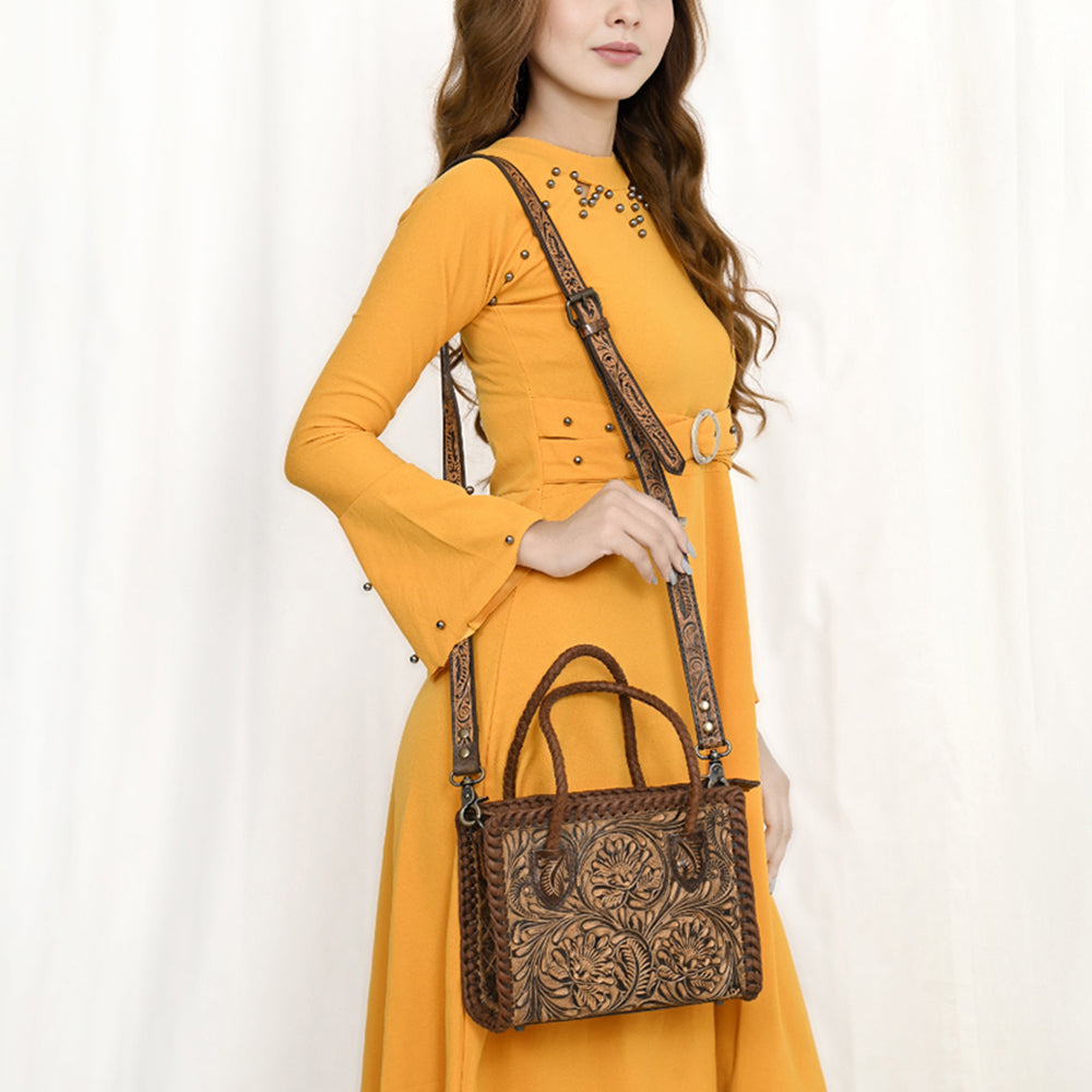 ADBG1459 American Darling Western Leather Hand-Tooled Tote Bag with Floral Carving - Genuine Leather Carryall