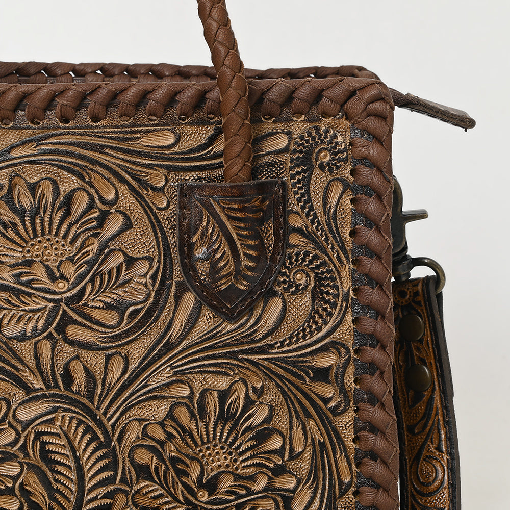 ADBG1459 American Darling Western Leather Hand-Tooled Tote Bag with Floral Carving - Genuine Leather Carryall