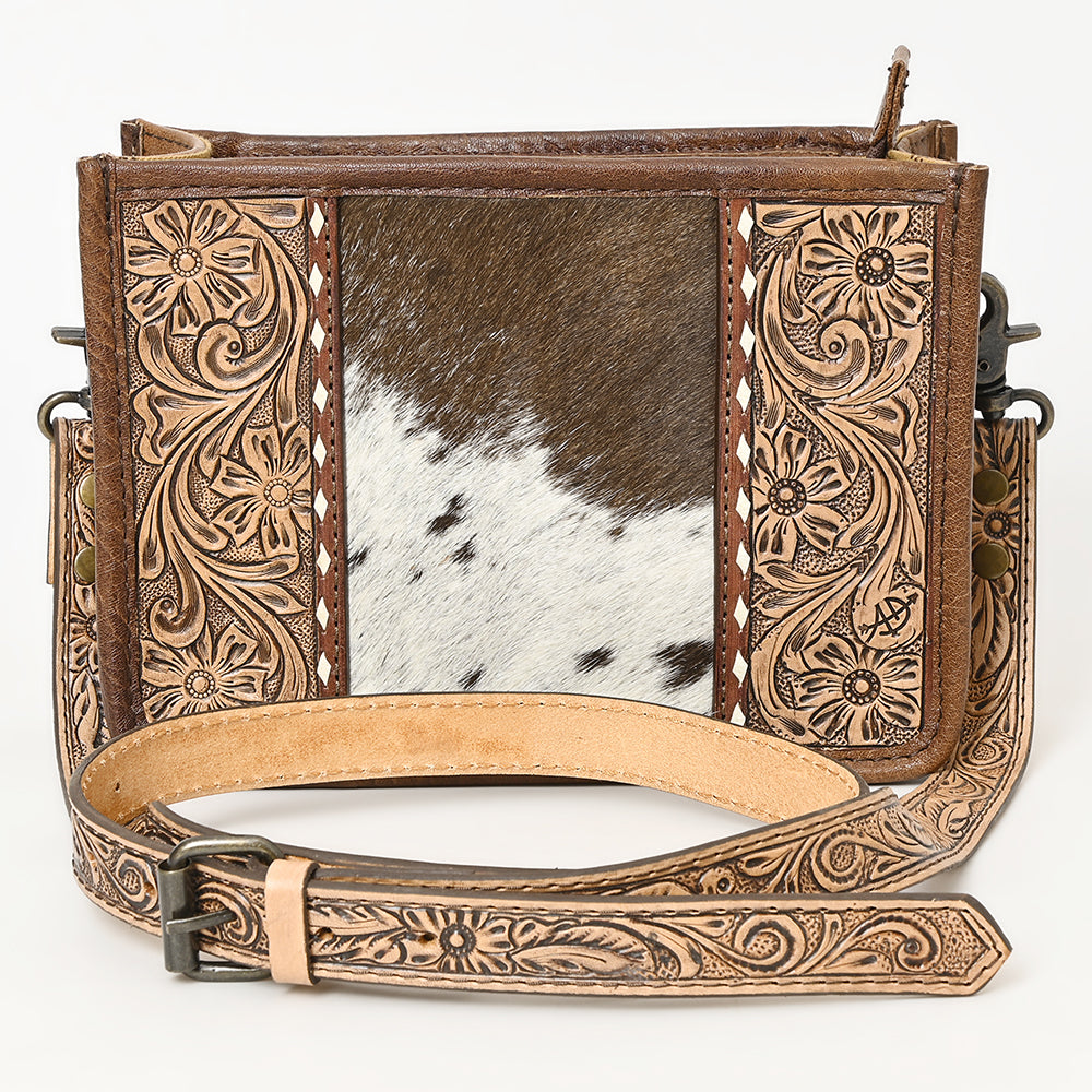 ADBG1460 American Darling Western Leather Cowhide Crossbody Bag with Hand-Tooled Floral Detailing - Genuine Leather