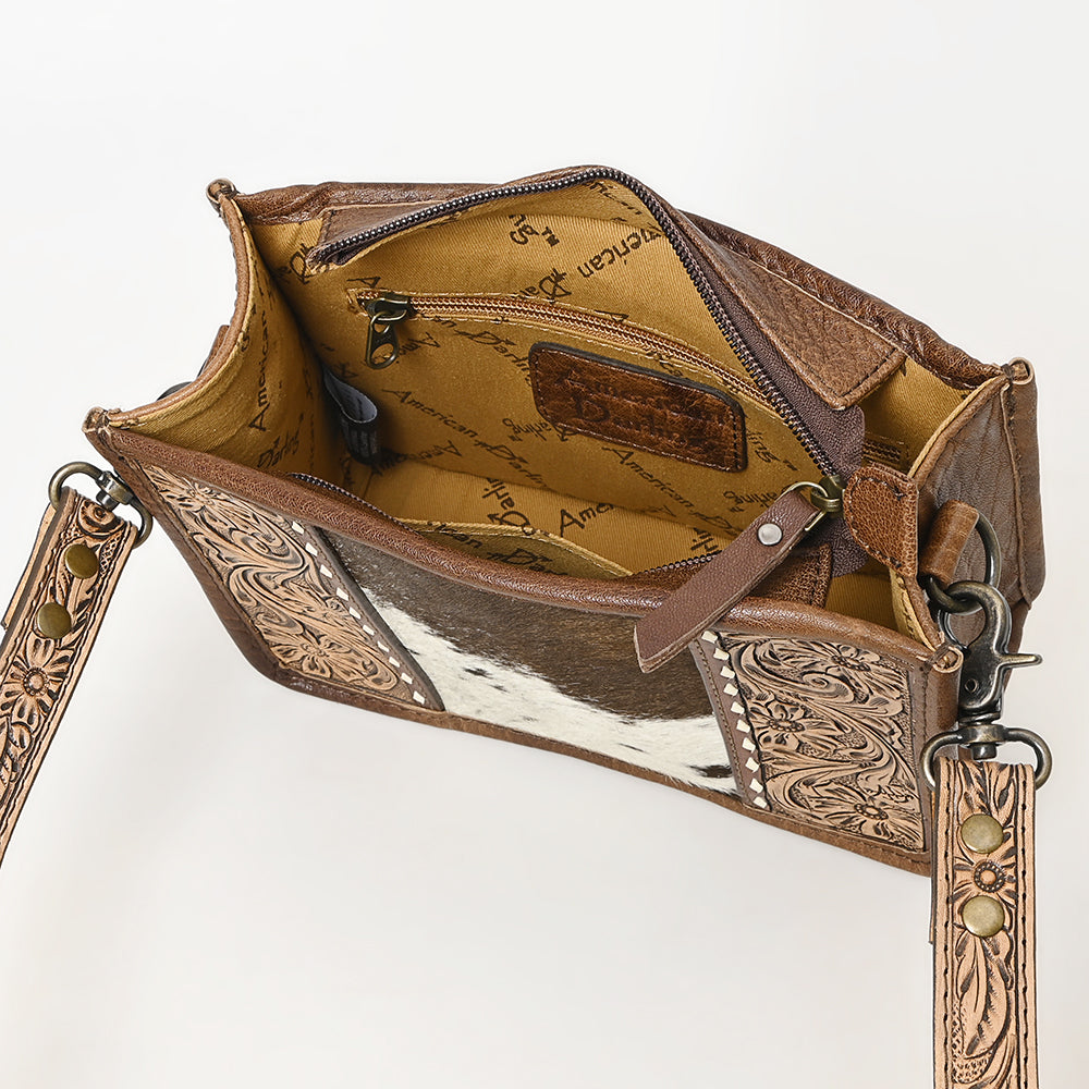 ADBG1460 American Darling Western Leather Cowhide Crossbody Bag with Hand-Tooled Floral Detailing - Genuine Leather
