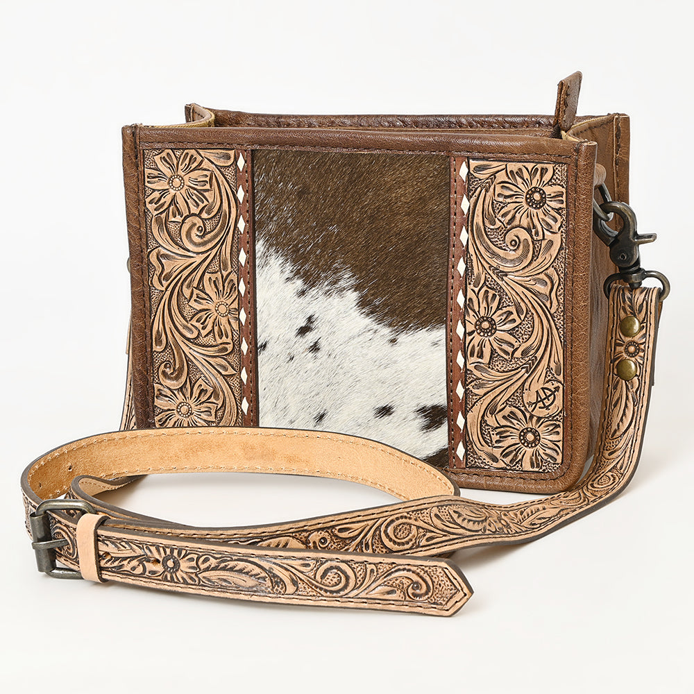 ADBG1460 American Darling Western Leather Cowhide Crossbody Bag with Hand-Tooled Floral Detailing - Genuine Leather