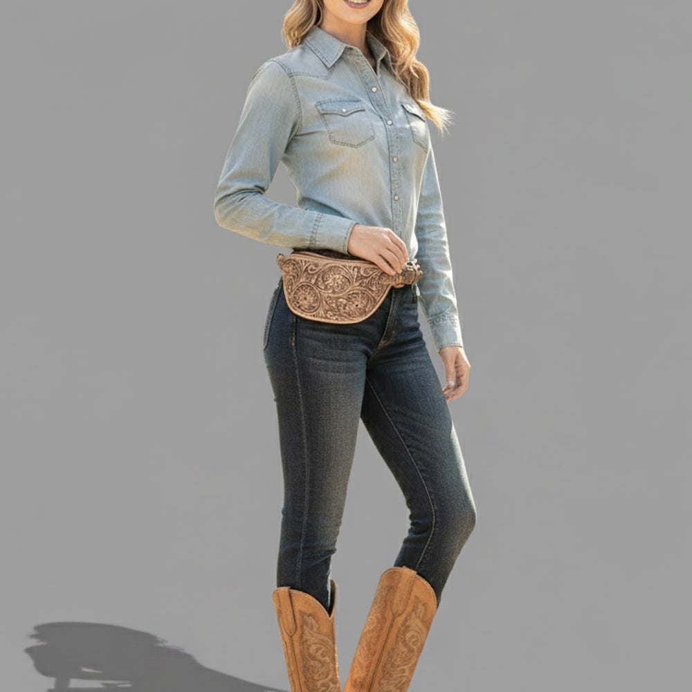 ADBGZ829 Hand-Tooled Leather Western Belt Bag - Floral Fanny Pack with Adjustable Strap