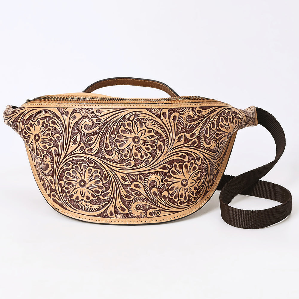 ADBGZ829 Hand-Tooled Leather Western Belt Bag - Floral Fanny Pack with Adjustable Strap