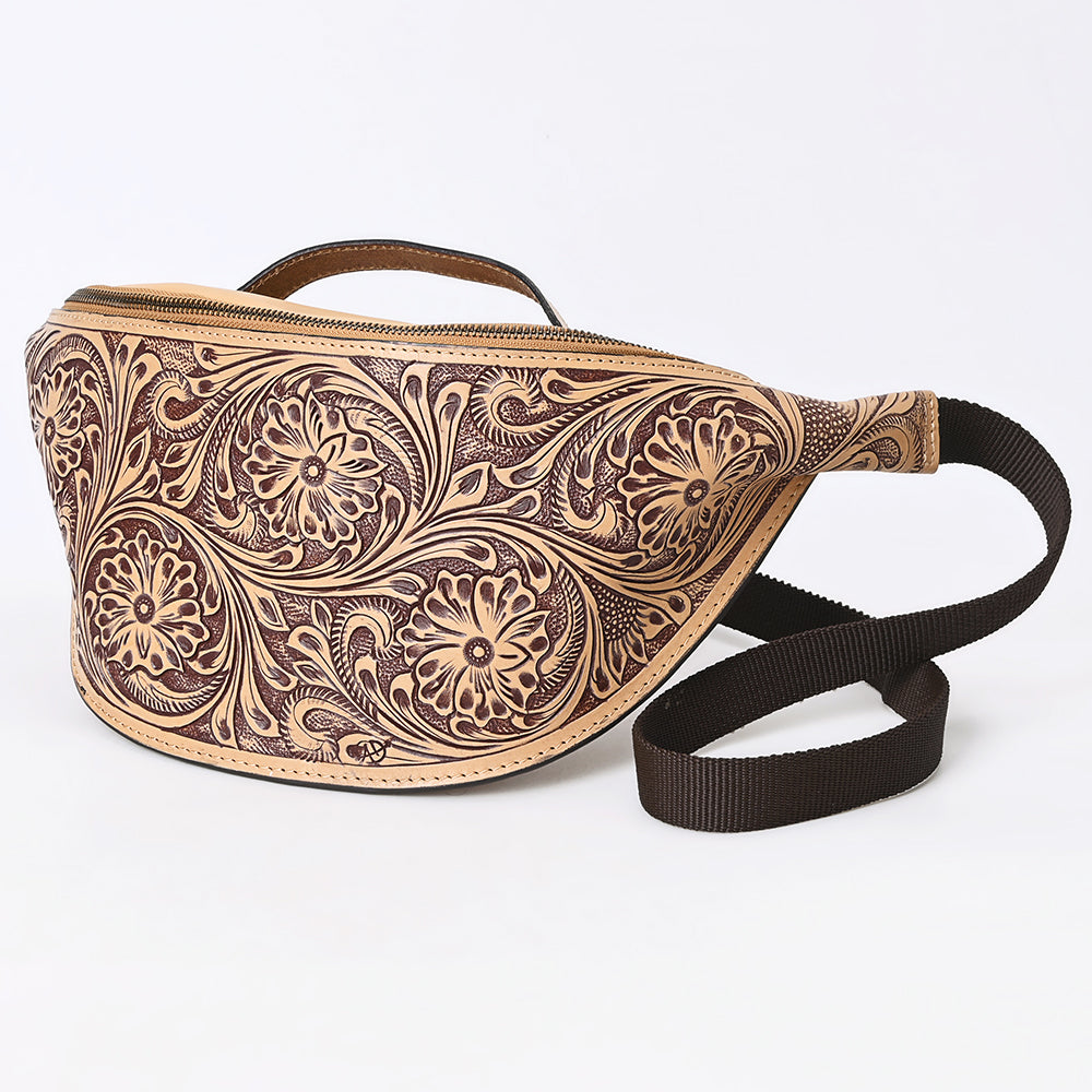 ADBGZ829 Hand-Tooled Leather Western Belt Bag - Floral Fanny Pack with Adjustable Strap
