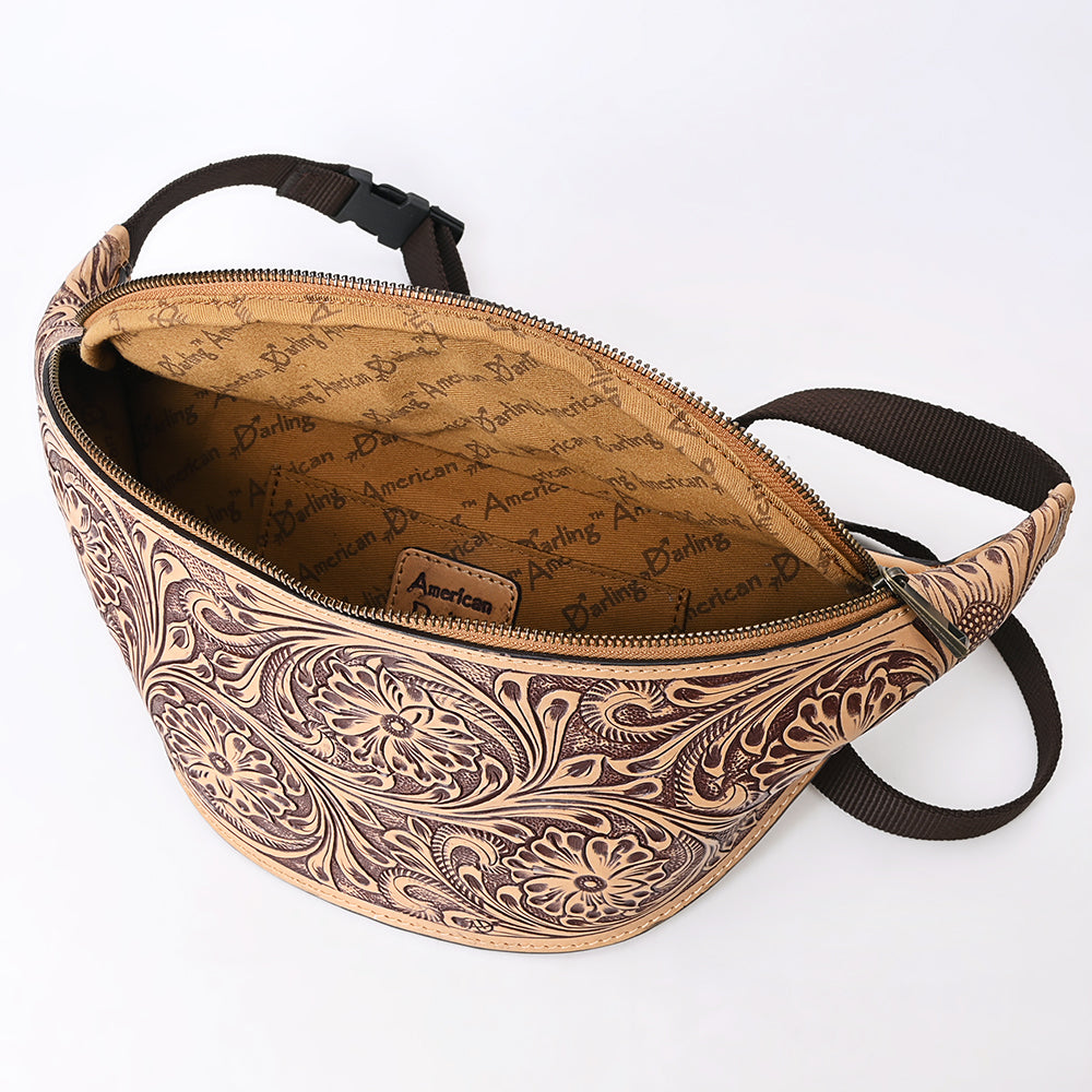 ADBGZ829 Hand-Tooled Leather Western Belt Bag - Floral Fanny Pack with Adjustable Strap