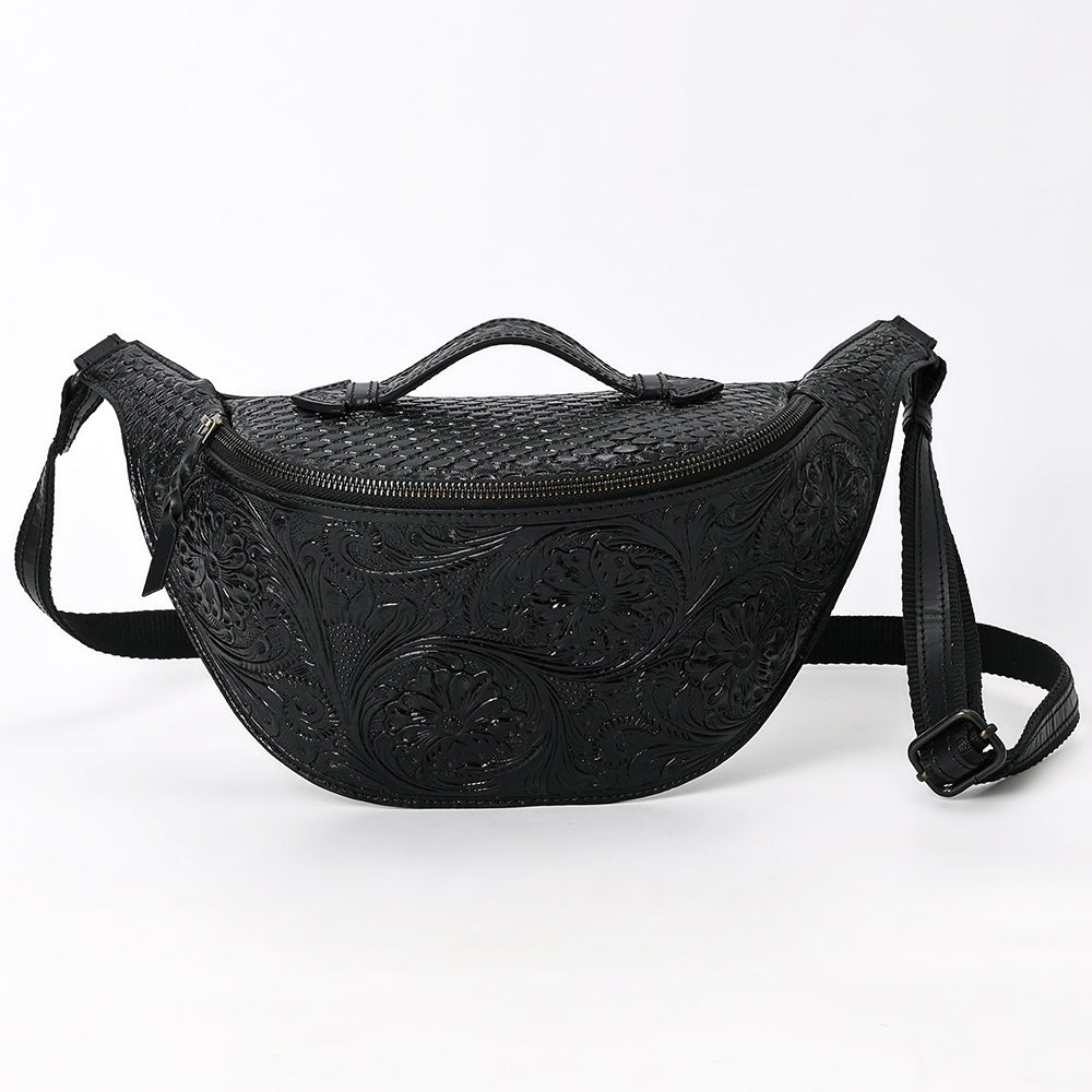 ADBGZ829B Black Hand-Tooled Leather Western Belt Bag Floral Fanny Pack with Basketweave Top