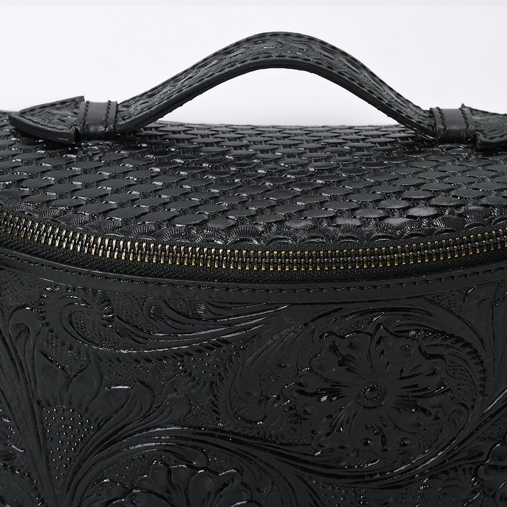 ADBGZ829B Black Hand-Tooled Leather Western Belt Bag Floral Fanny Pack with Basketweave Top