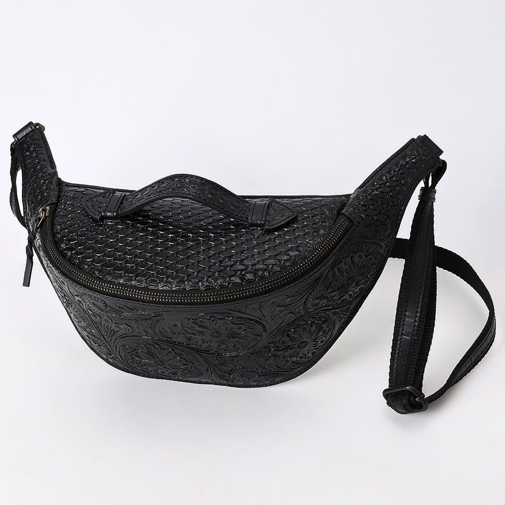 ADBGZ829B Black Hand-Tooled Leather Western Belt Bag Floral Fanny Pack with Basketweave Top