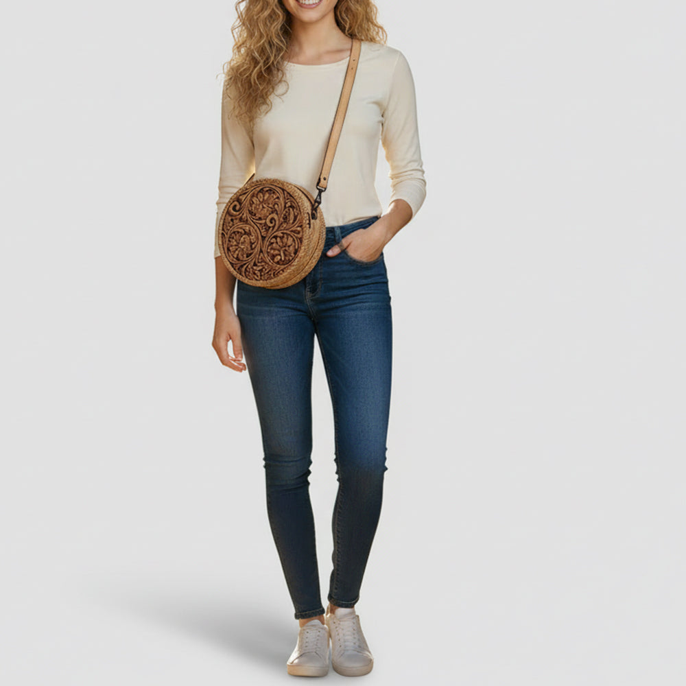 ADBGZ830 Round Hand-Tooled Leather Canteen Bag - Western Floral Circle Purse