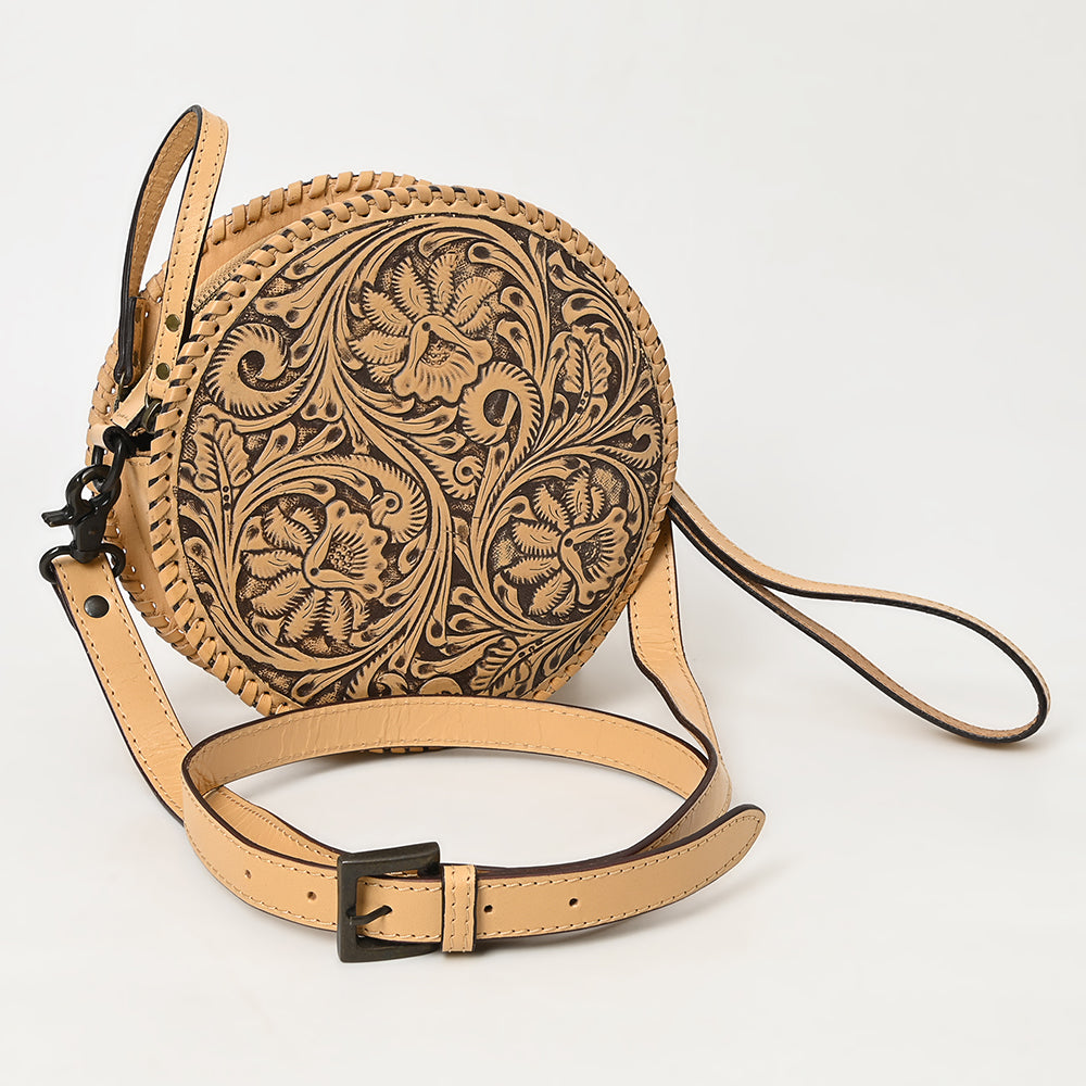ADBGZ830 Round Hand-Tooled Leather Canteen Bag - Western Floral Circle Purse