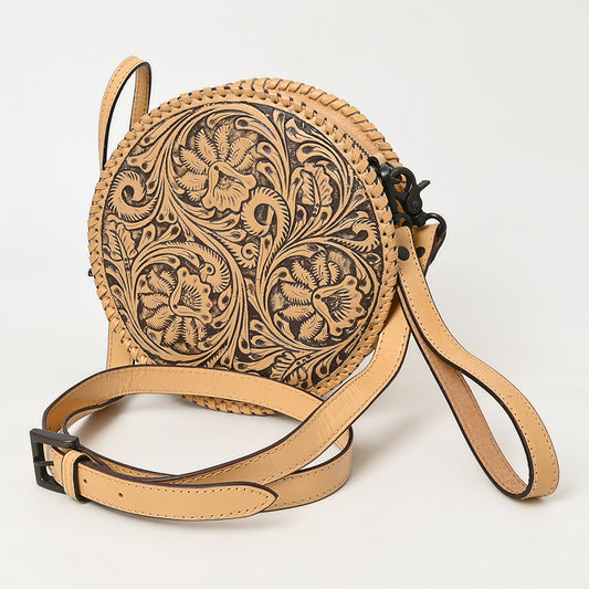 ADBGZ830 Round Hand-Tooled Leather Canteen Bag - Western Floral Circle Purse