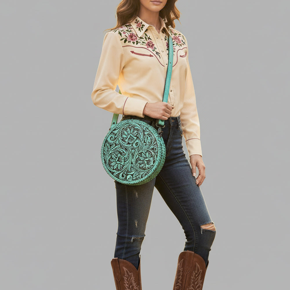 ADBGZ830 Round Hand-Tooled Leather Canteen Bag - Western Floral Circle Purse