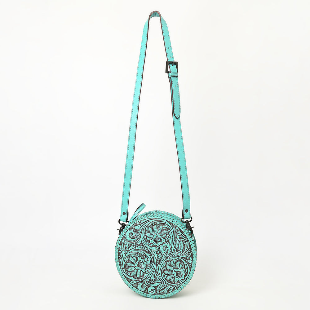 ADBGZ830 Round Hand-Tooled Leather Canteen Bag - Western Floral Circle Purse