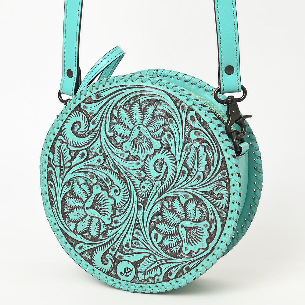 ADBGZ830 Round Hand-Tooled Leather Canteen Bag - Western Floral Circle Purse