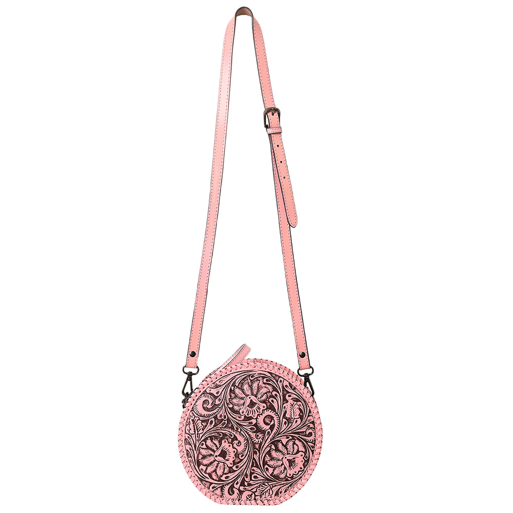 ADBGZ830C Pink Round Hand-Tooled Leather Canteen Bag Western Floral Circle Purse