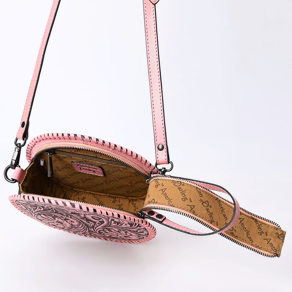 ADBGZ830C Pink Round Hand-Tooled Leather Canteen Bag Western Floral Circle Purse