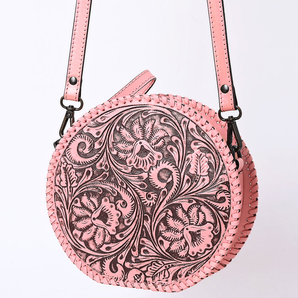 ADBGZ830C Pink Round Hand-Tooled Leather Canteen Bag Western Floral Circle Purse