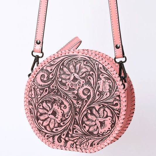 ADBGZ830C Pink Round Hand-Tooled Leather Canteen Bag Western Floral Circle Purse