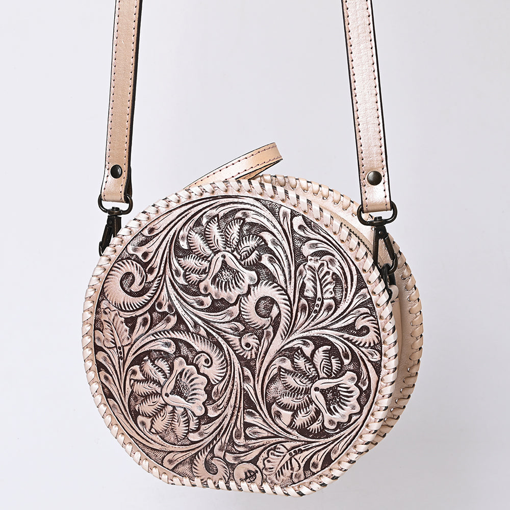 ADBGZ830 Round Hand-Tooled Leather Canteen Bag - Western Floral Circle Purse