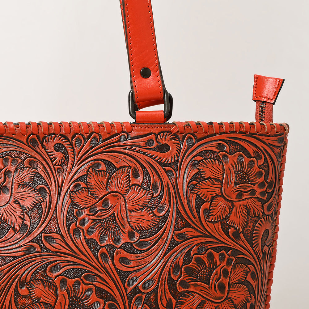 ADBGZ832 Red Hand-Tooled Leather Western Tote Bag Floral Shoulder Carryall