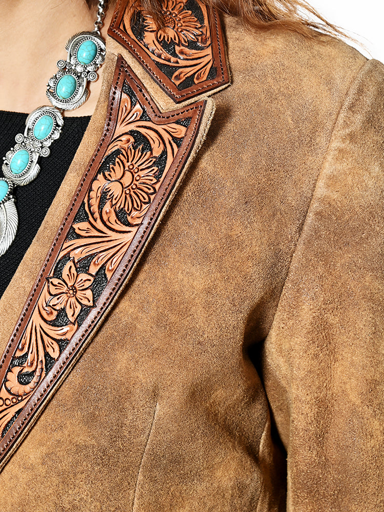 ADBZ056 American Darling Brown Leather Western Blazer Tooled Harness Lapels