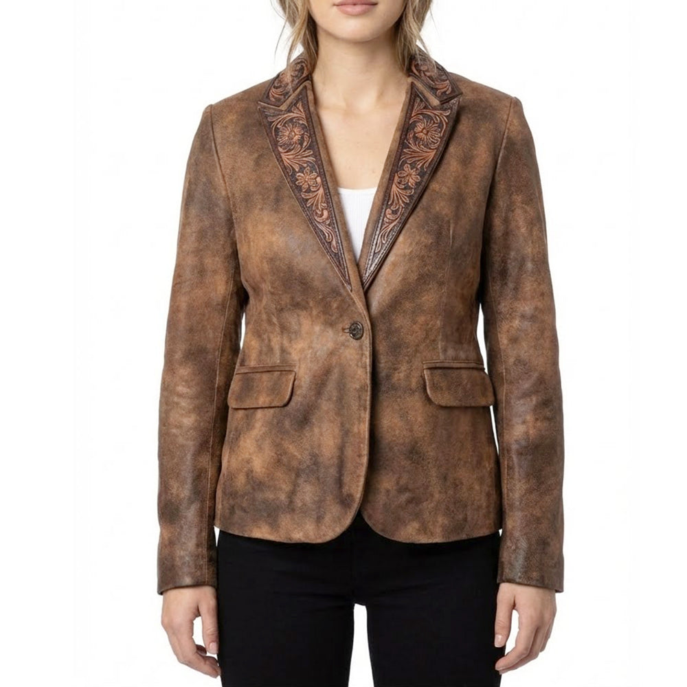 LC-ADBZ056 Genuine Leather Hand tooled Women Blazer dress jacket