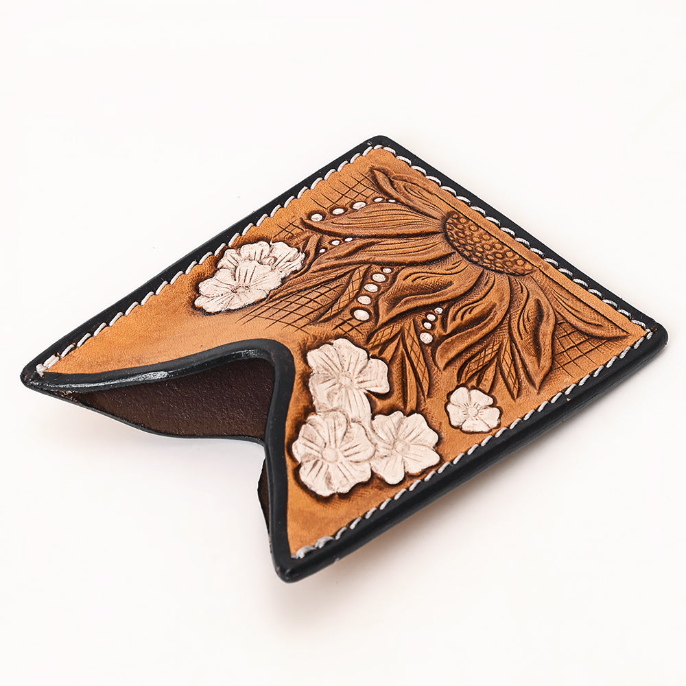 ADCCF109 Hand-Tooled Leather Card Holder - Sunflower & White Floral Detail