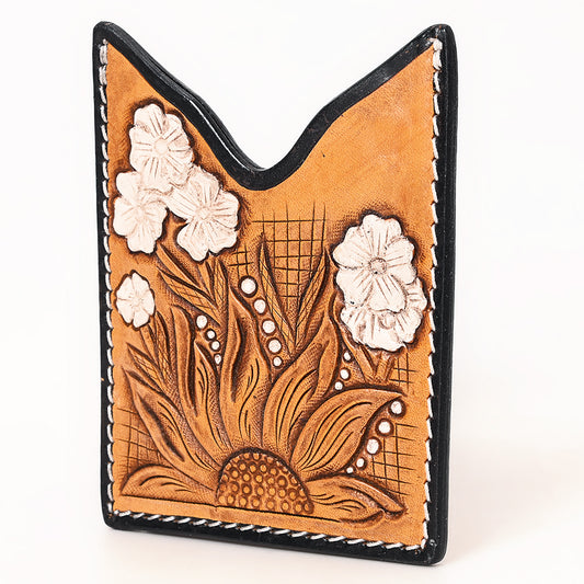 ADCCF109 Hand-Tooled Leather Card Holder - Sunflower & White Floral Detail