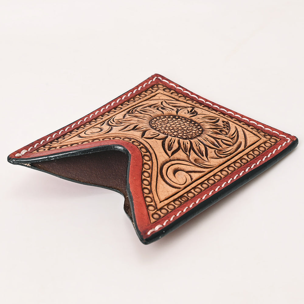ADCCF110 Hand-Tooled Leather Card Holder - Sunflower with Red Border