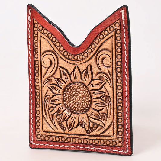ADCCF110 Hand-Tooled Leather Card Holder - Sunflower with Red Border