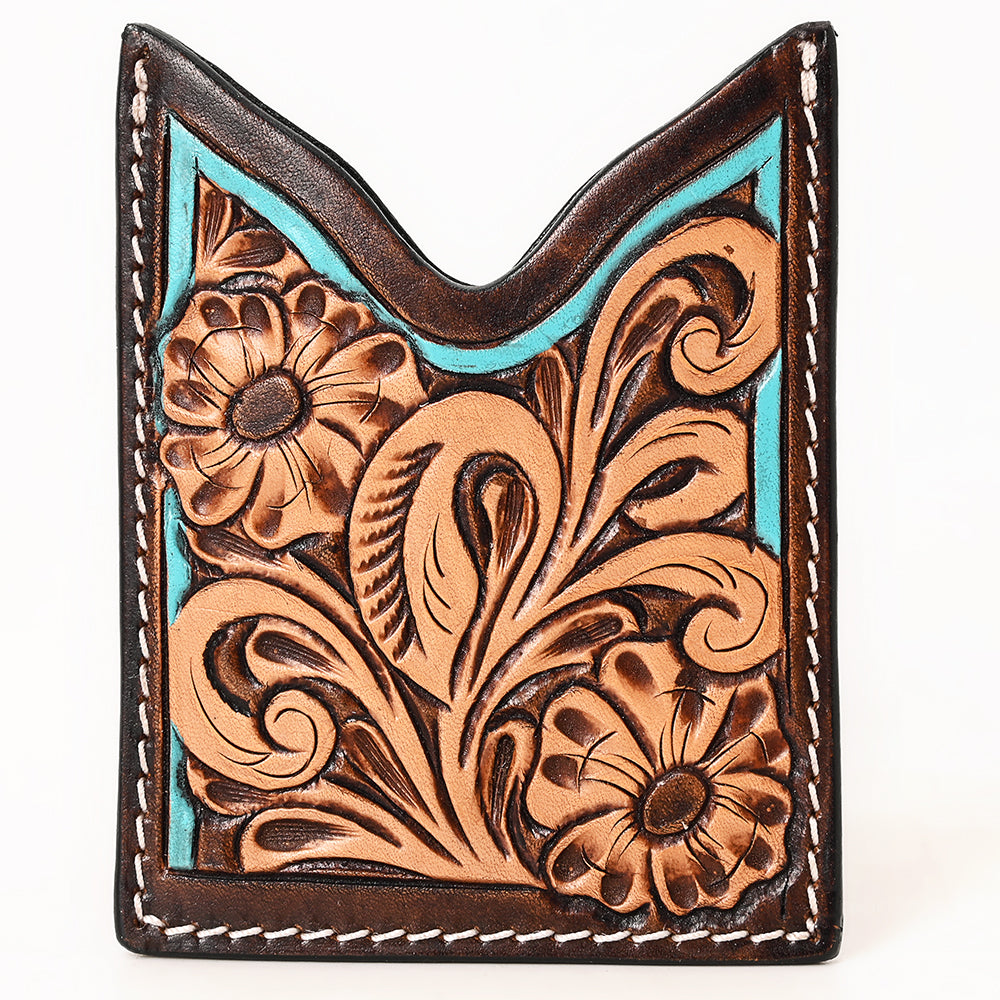 ADCCF111 Hand-Tooled Leather Card Holder - Floral Scroll with Turquoise Accents
