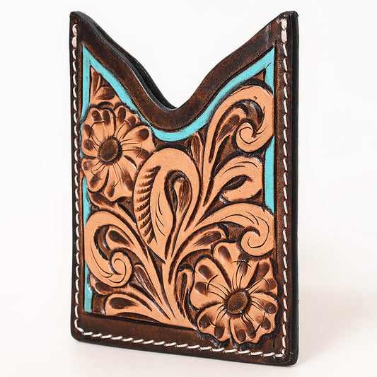 ADCCF111 Hand-Tooled Leather Card Holder - Floral Scroll with Turquoise Accents