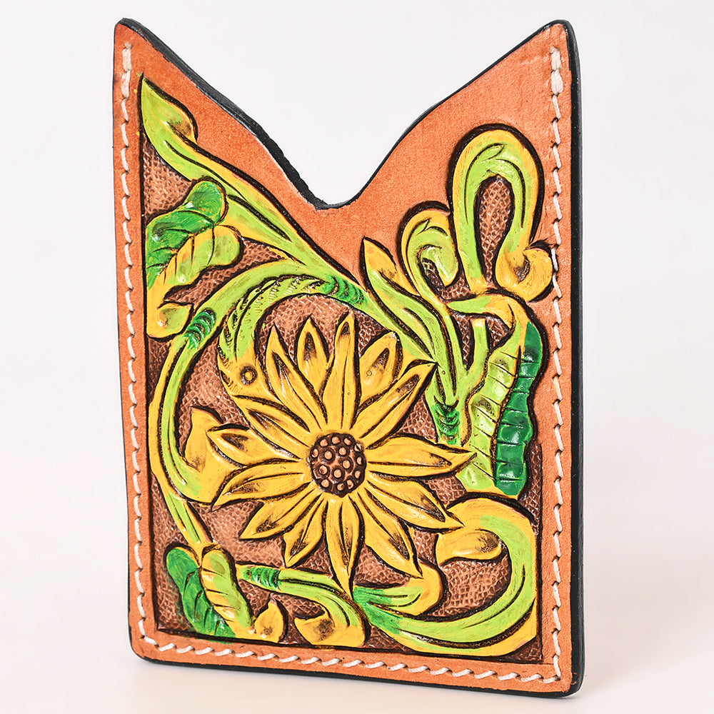 ADCCF112 Sunflower Hand-Tooled Leather Card Holder - Western Boot-Top Design