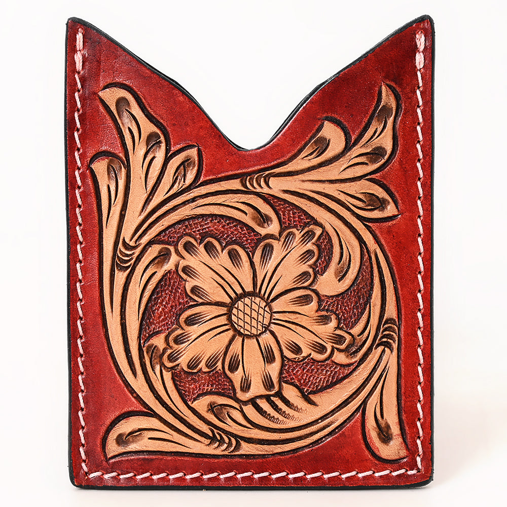 ADCCF113 Hand-Tooled Leather Card Holder - Red Stained Western Boot-Top Floral Design