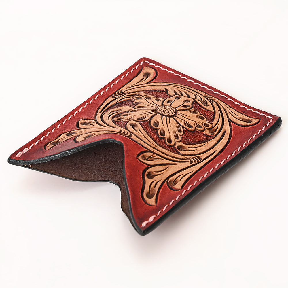 ADCCF113 Hand-Tooled Leather Card Holder - Red Stained Western Boot-Top Floral Design