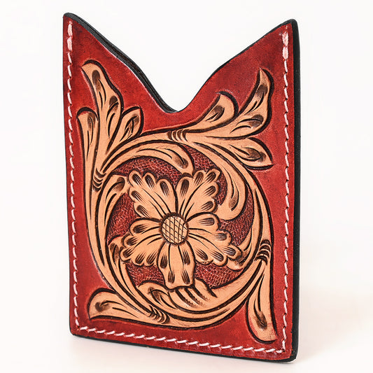 ADCCF113 Hand-Tooled Leather Card Holder - Red Stained Western Boot-Top Floral Design