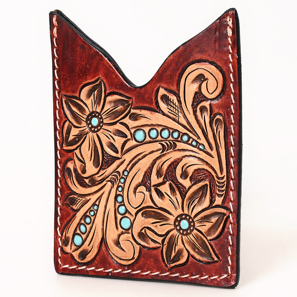 ADCCF114 Turquoise Studded Floral Leather Card Holder - Hand-Tooled Western Boot-Top Design