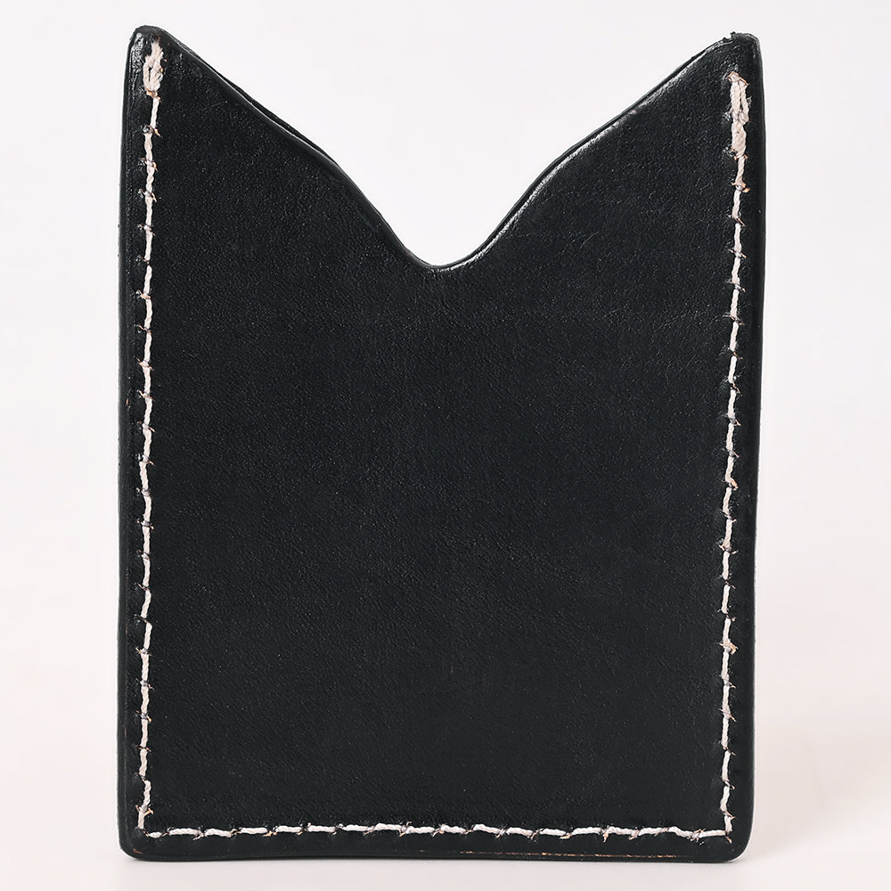 ADCCF115 Black Leather Western Card Holder - Hand-Tooled Floral Design with Turquoise Accents