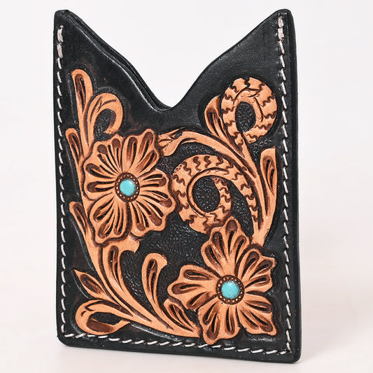 ADCCF115 Black Leather Western Card Holder - Hand-Tooled Floral Design with Turquoise Accents